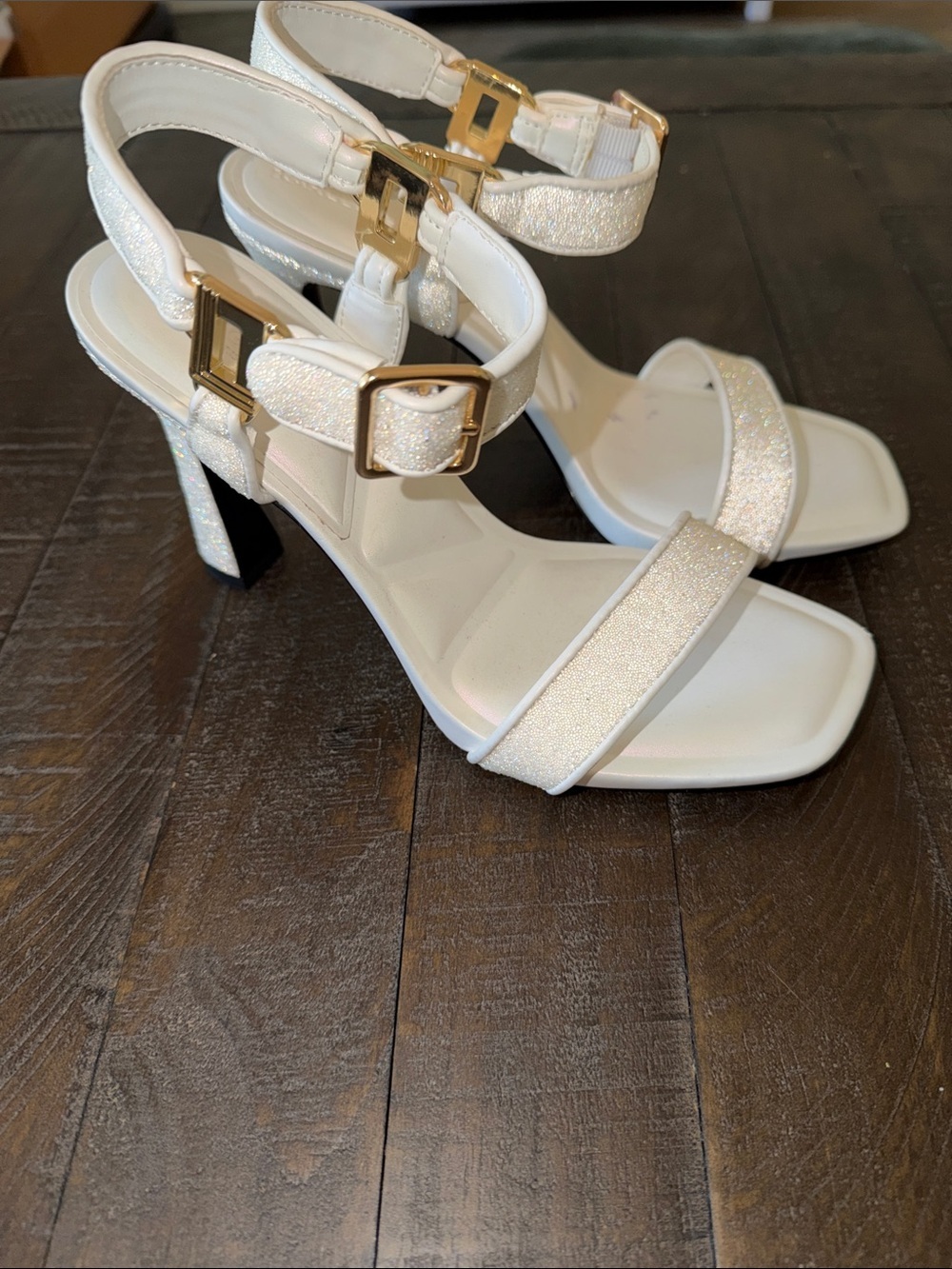 Karl Lagerfeld Paris Cybil White Glitter Ankle-Strap Heels
